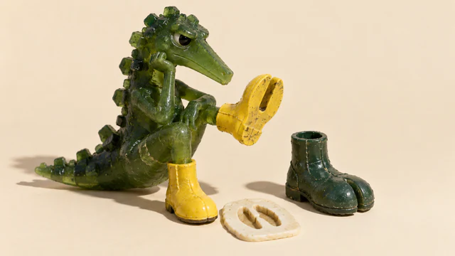 A skeptical translucent green dinosaur raises a scuffed yellow boot beside an unused green boot and an ivory tile bearing a split footprint. Hard shadows fall across a warm ivory background.