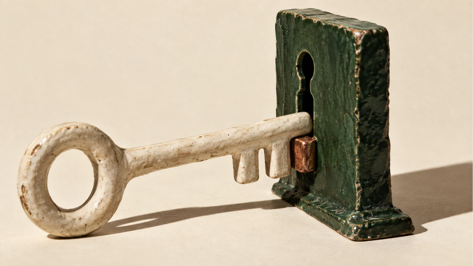 An oversized ivory ceramic key meets a forest-green ceramic keyhole slab, with a copper-colored tooth pressed against its face. Rough glaze and hard shadows stand out against a warm ivory background.