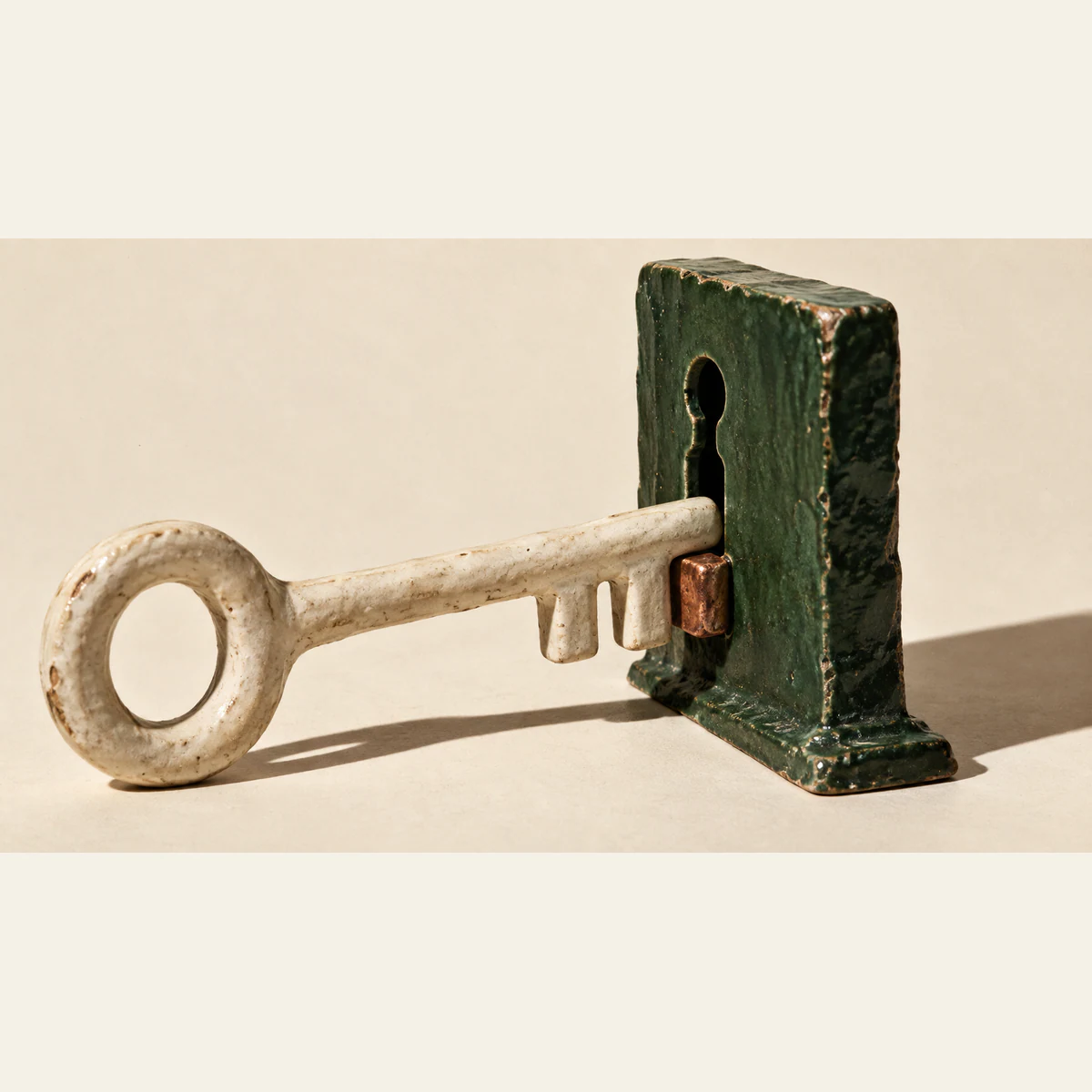 An oversized ivory ceramic key meets a forest-green ceramic keyhole slab, with a copper-colored tooth pressed against its face. Rough glaze and hard shadows stand out against a warm ivory background.