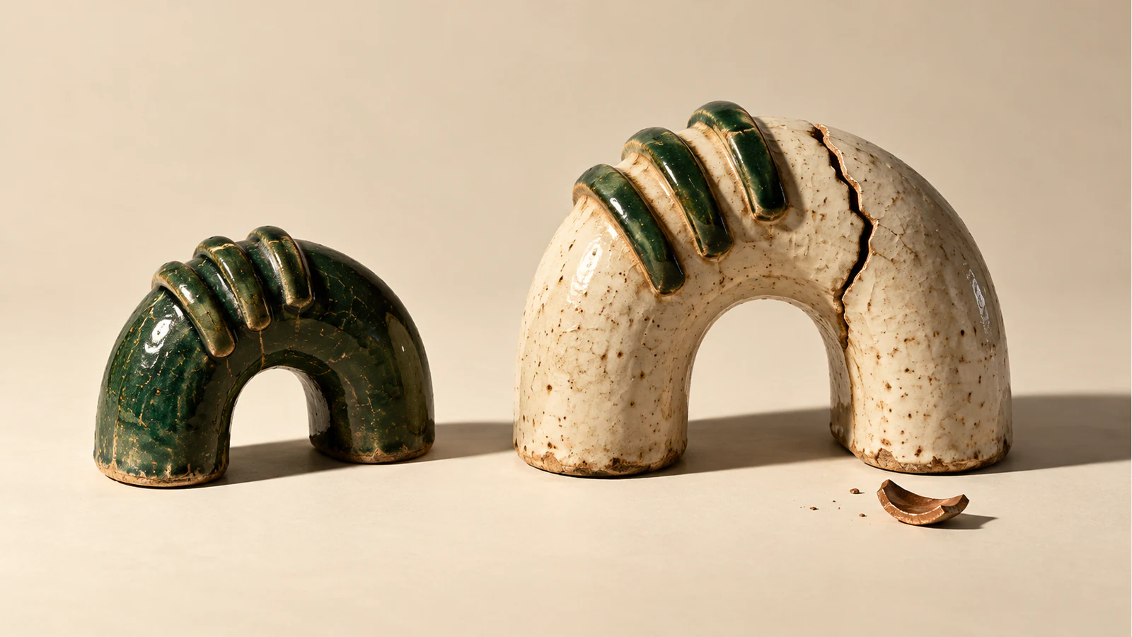 Two handmade ceramic arches share three raised green ridges. The smaller green arch is intact; the larger ivory arch has a deep crack, with a copper-colored shard below. Hard shadows cross the warm ivory ground.