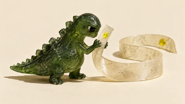A translucent forest-green resin dinosaur examines a yellow inclusion near the raised end of an ivory ribbon. The ribbon curls away to another yellow inclusion beyond its gaze, against a warm ivory background.