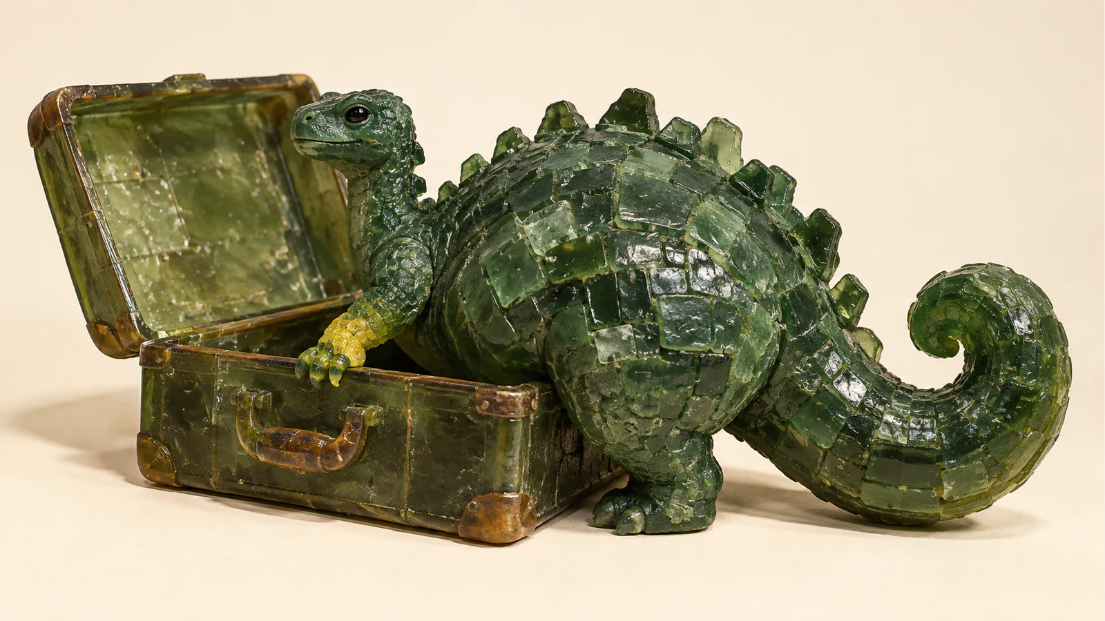 A bulky green resin dinosaur rests a yellow forepaw inside an open suitcase, while its broad body and curled tail remain outside against an ivory background.