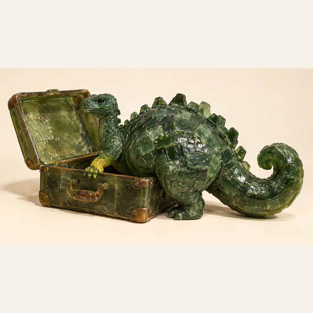 A bulky green resin dinosaur rests a yellow forepaw inside an open suitcase, while its broad body and curled tail remain outside against an ivory background.