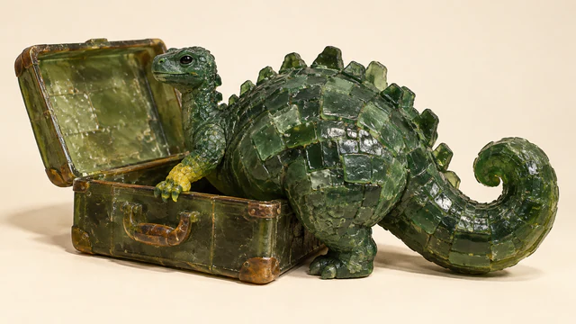 A bulky green resin dinosaur rests a yellow forepaw inside an open suitcase, while its broad body and curled tail remain outside against an ivory background.