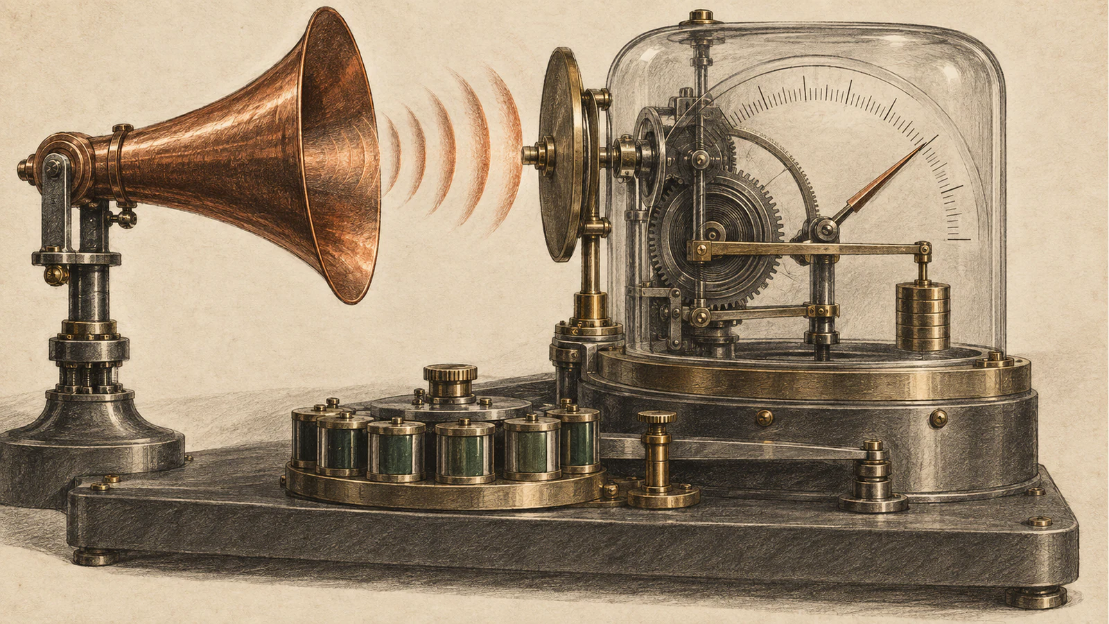 A copper speaking horn projects toward a glass-covered precision gauge whose internal mechanism and needle disagree, with calibration weights below.