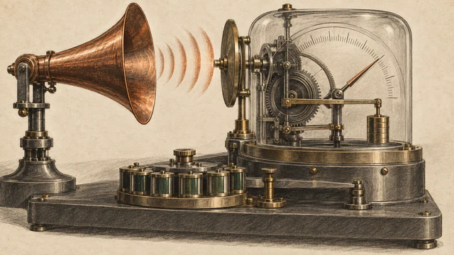 A copper speaking horn projects toward a glass-covered precision gauge whose internal mechanism and needle disagree, with calibration weights below.