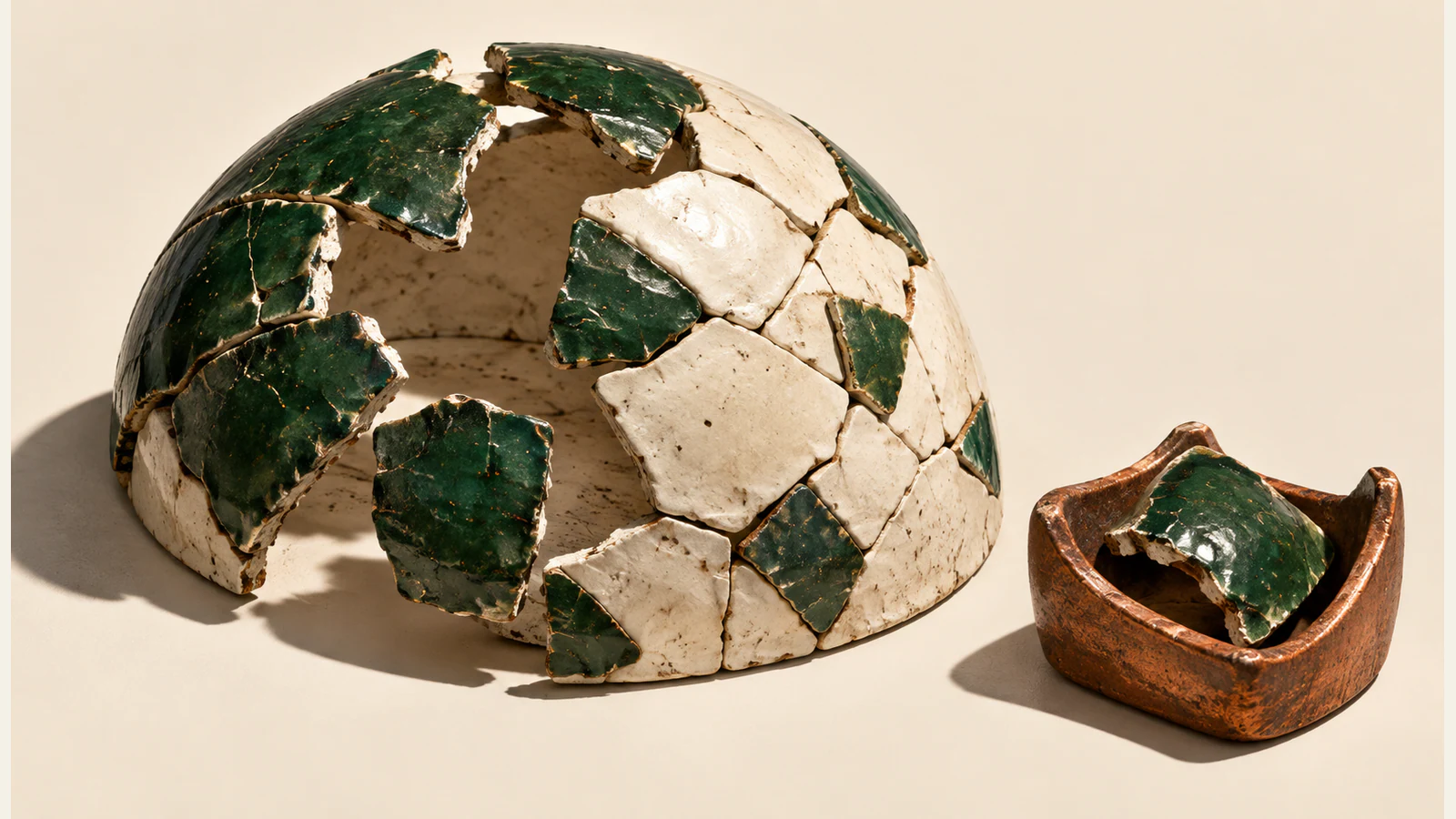A chipped ceramic dome combines forest-green fragments with ivory infill, leaving a large opening. Beside it, a copper-colored ceramic cradle holds a detached green shard. Hard shadows fall across a warm ivory surface.