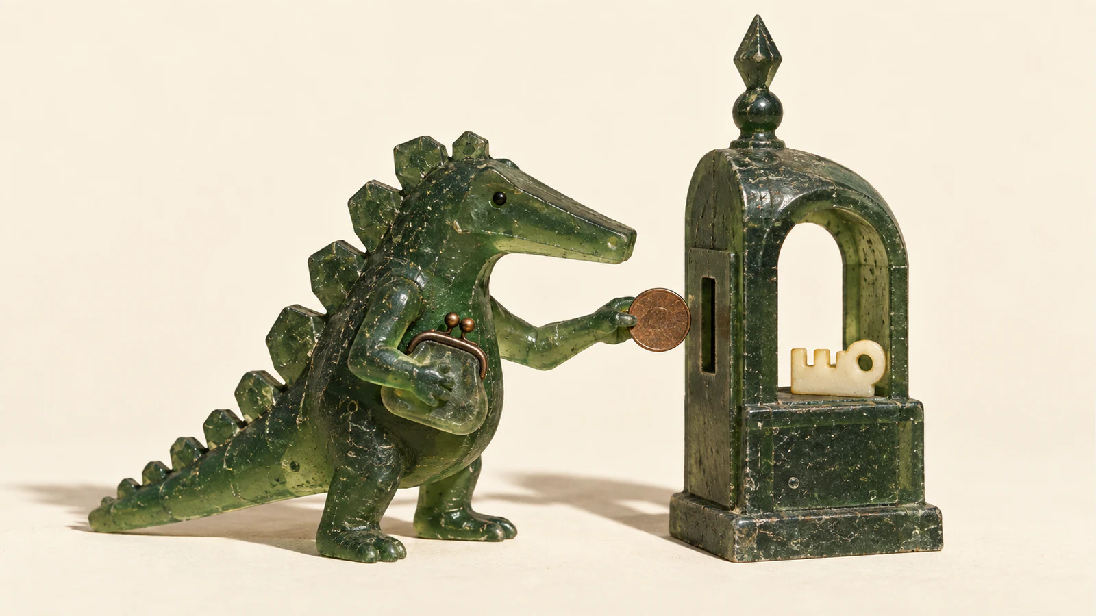 A translucent green resin dinosaur clutches a coin purse while offering a copper-colored disc toward a slot in an ornate green arch holding an ivory key, against a warm cream background.