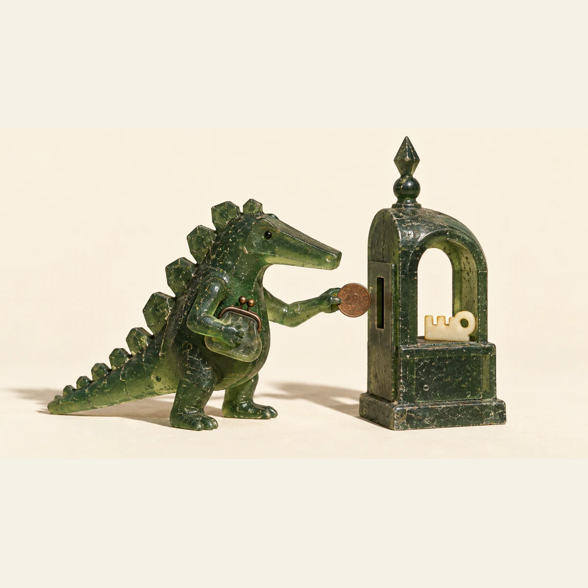 A translucent green resin dinosaur clutches a coin purse while offering a copper-colored disc toward a slot in an ornate green arch holding an ivory key, against a warm cream background.