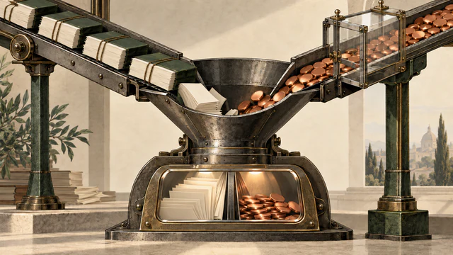 Blank organic source books and unmarked copper bidding tokens enter separate channels of one answer funnel and remain divided behind its viewing window.
