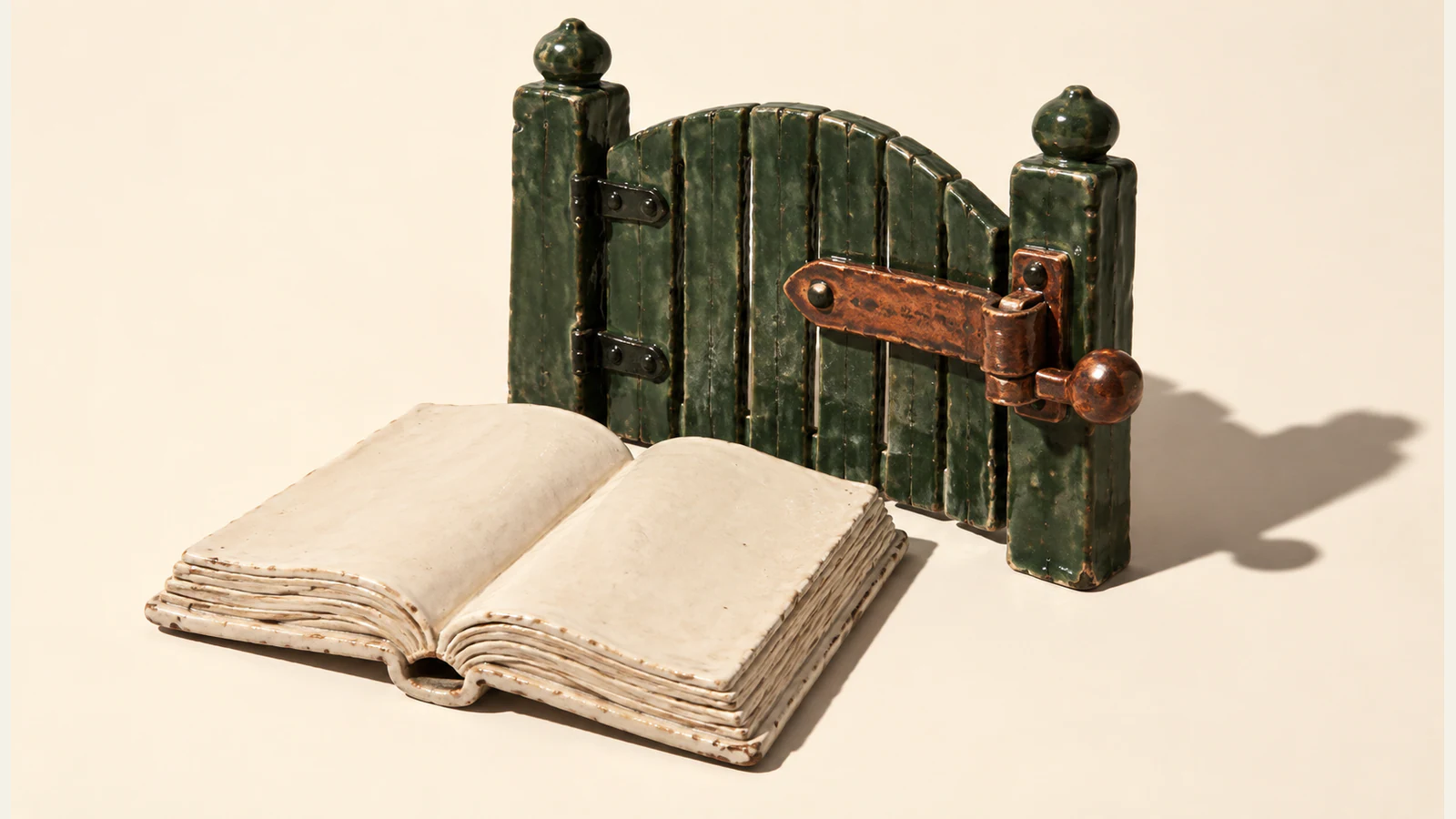 An open, blank ceramic book sits before a closed forest-green miniature gate with an oversized copper-colored latch, casting hard shadows across an ivory background.