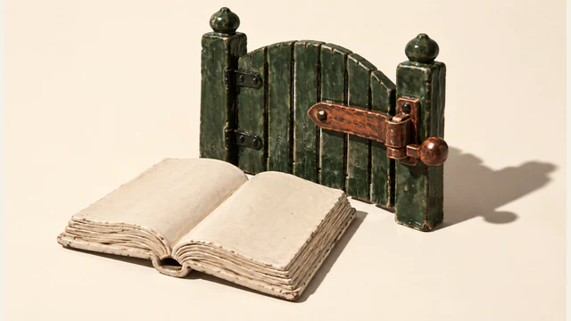 An open, blank ceramic book sits before a closed forest-green miniature gate with an oversized copper-colored latch, casting hard shadows across an ivory background.