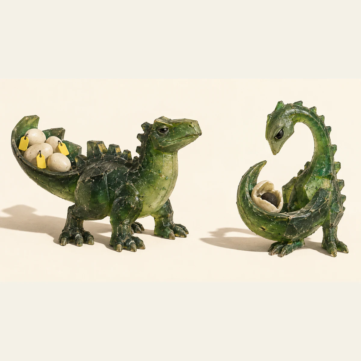 Two scuffed translucent green resin dinosaurs on an ivory background. One carries ivory eggs with blank yellow tags in its broad tail; the other curls around a single opened egg containing a dark core. Hard shadows fall behind them.