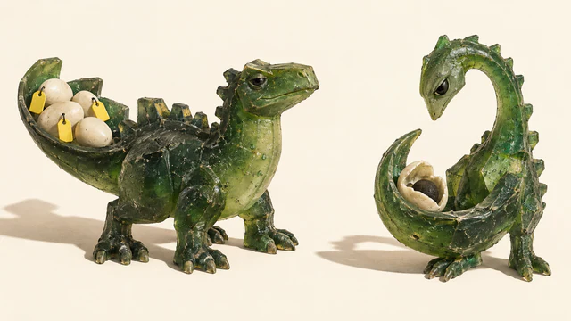 Two scuffed translucent green resin dinosaurs on an ivory background. One carries ivory eggs with blank yellow tags in its broad tail; the other curls around a single opened egg containing a dark core. Hard shadows fall behind them.
