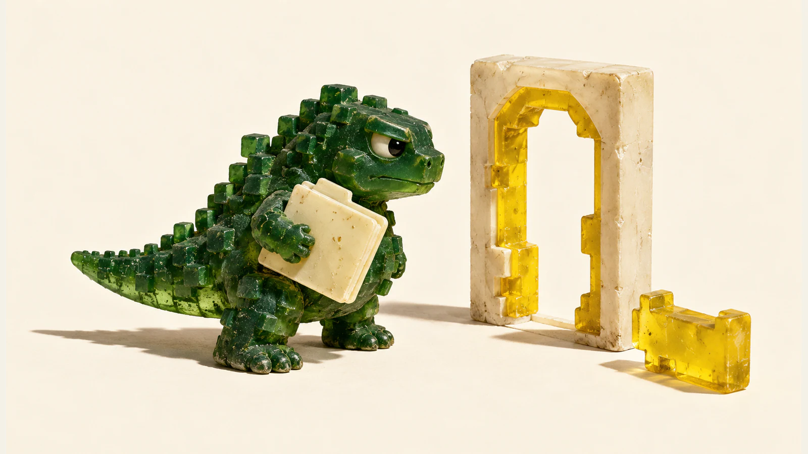 A skeptical green resin dinosaur holds an ivory folder beside an ivory doorway with an incomplete yellow lining. A loose yellow fitting rests nearby, with hard shadows across the warm ivory background.