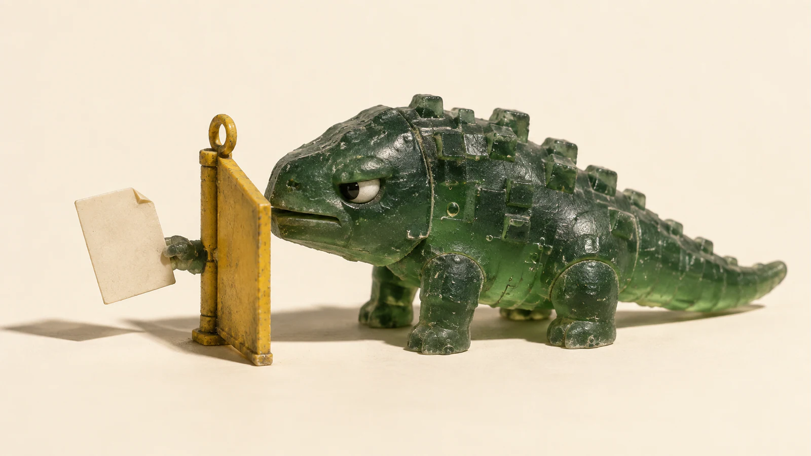 A scuffed translucent green resin dinosaur holds a blank ivory sheet beyond a yellow gate blocking its mouth, against a warm ivory background.