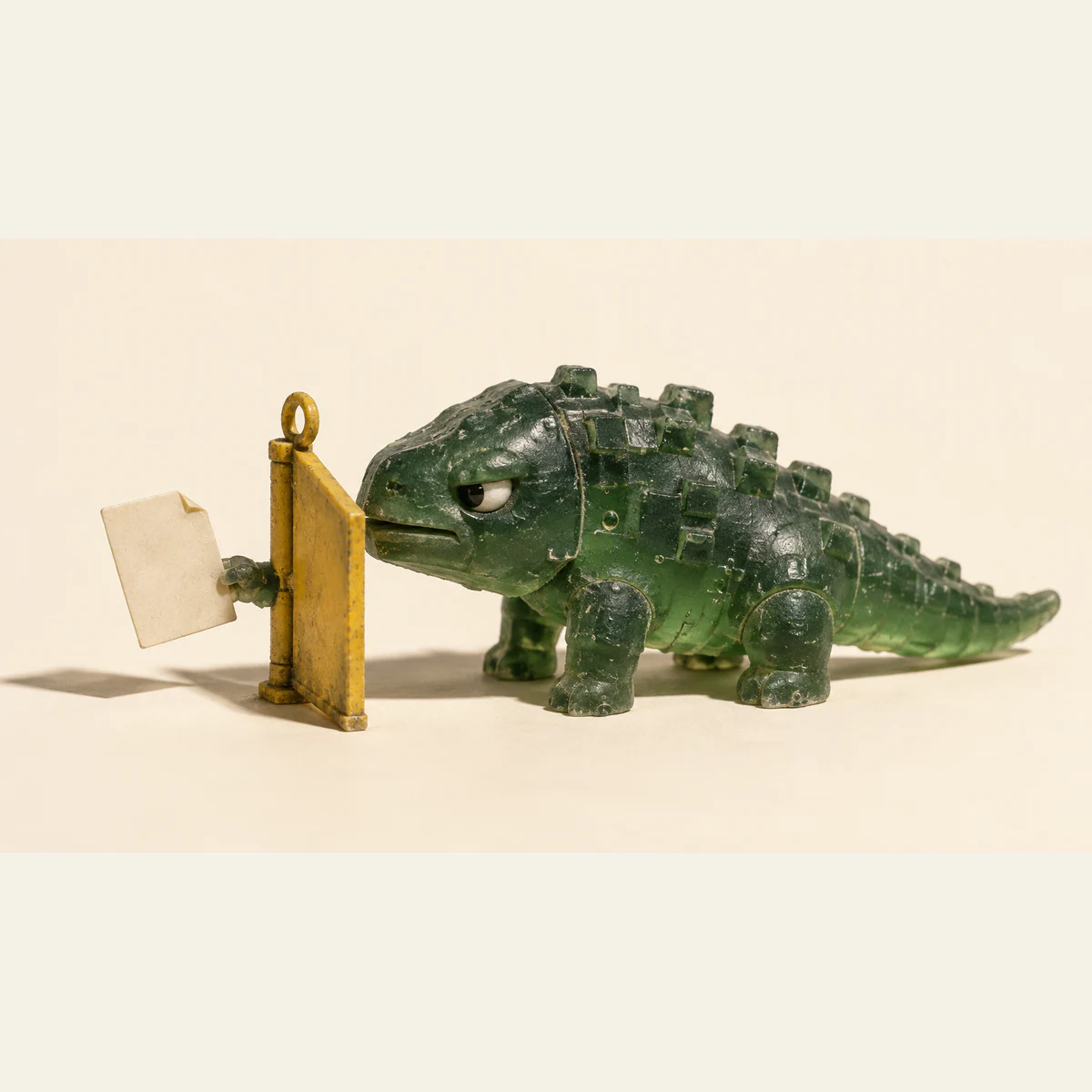 A scuffed translucent green resin dinosaur holds a blank ivory sheet beyond a yellow gate blocking its mouth, against a warm ivory background.