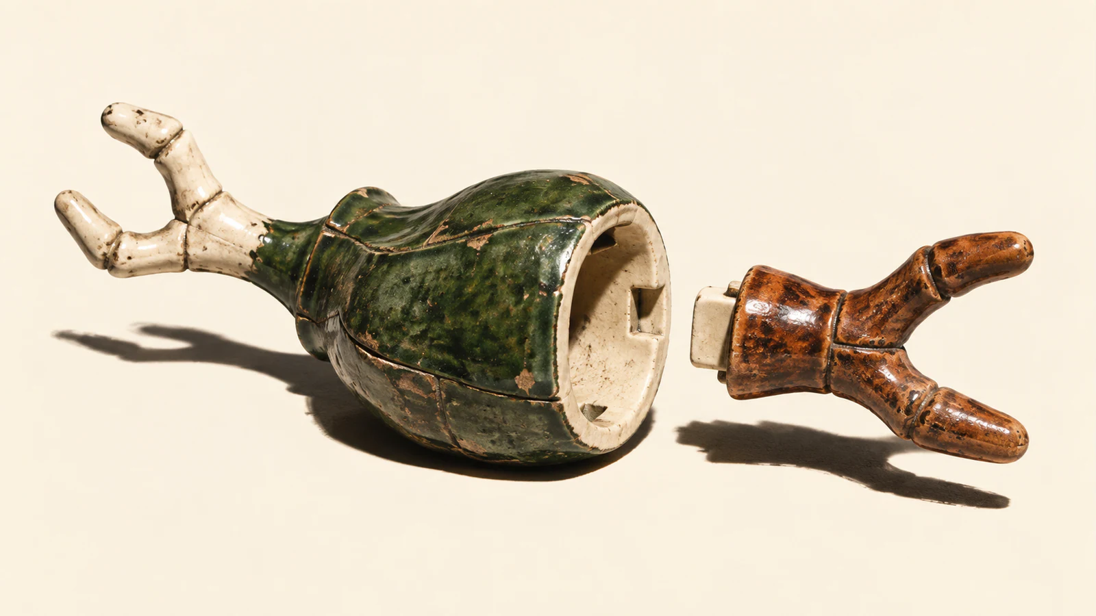 A worn forest-green ceramic pod has an ivory forked appendage attached at one end. A separate copper-colored fork hovers beside its open socket, casting a hard shadow on the ivory background.