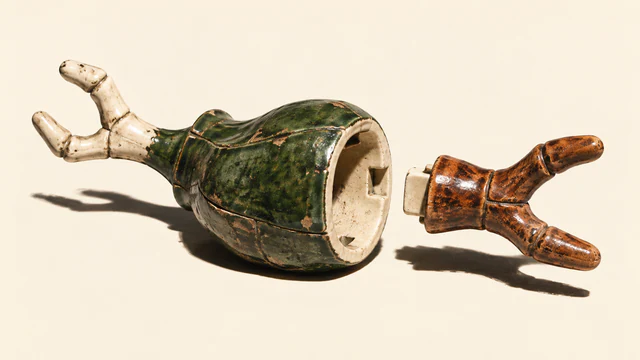 A worn forest-green ceramic pod has an ivory forked appendage attached at one end. A separate copper-colored fork hovers beside its open socket, casting a hard shadow on the ivory background.