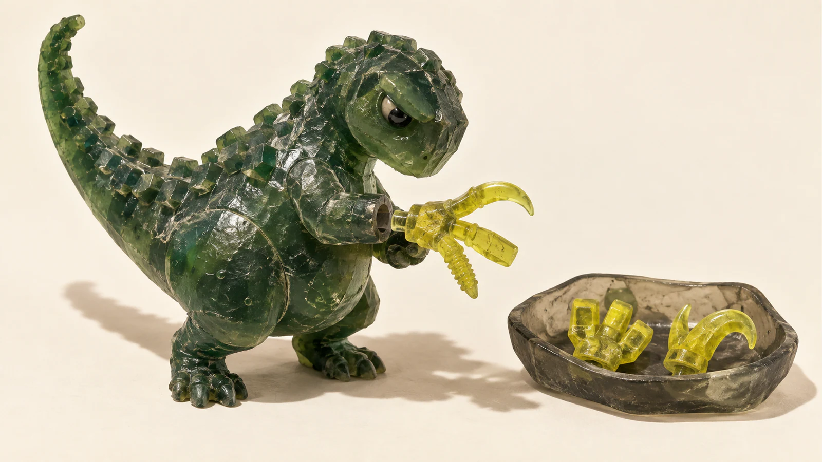 A skeptical green resin dinosaur fits a yellow three-pronged attachment into its forearm. Two spare yellow attachments sit separately in a smoky resin tray on an ivory surface.