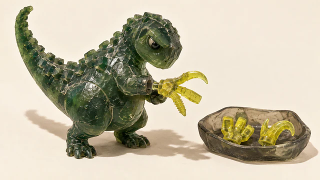 A skeptical green resin dinosaur fits a yellow three-pronged attachment into its forearm. Two spare yellow attachments sit separately in a smoky resin tray on an ivory surface.
