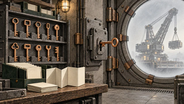 A local rack of copper keys opens a familiar workshop lock while large remote reasoning cranes wait beyond a sealed hatch.