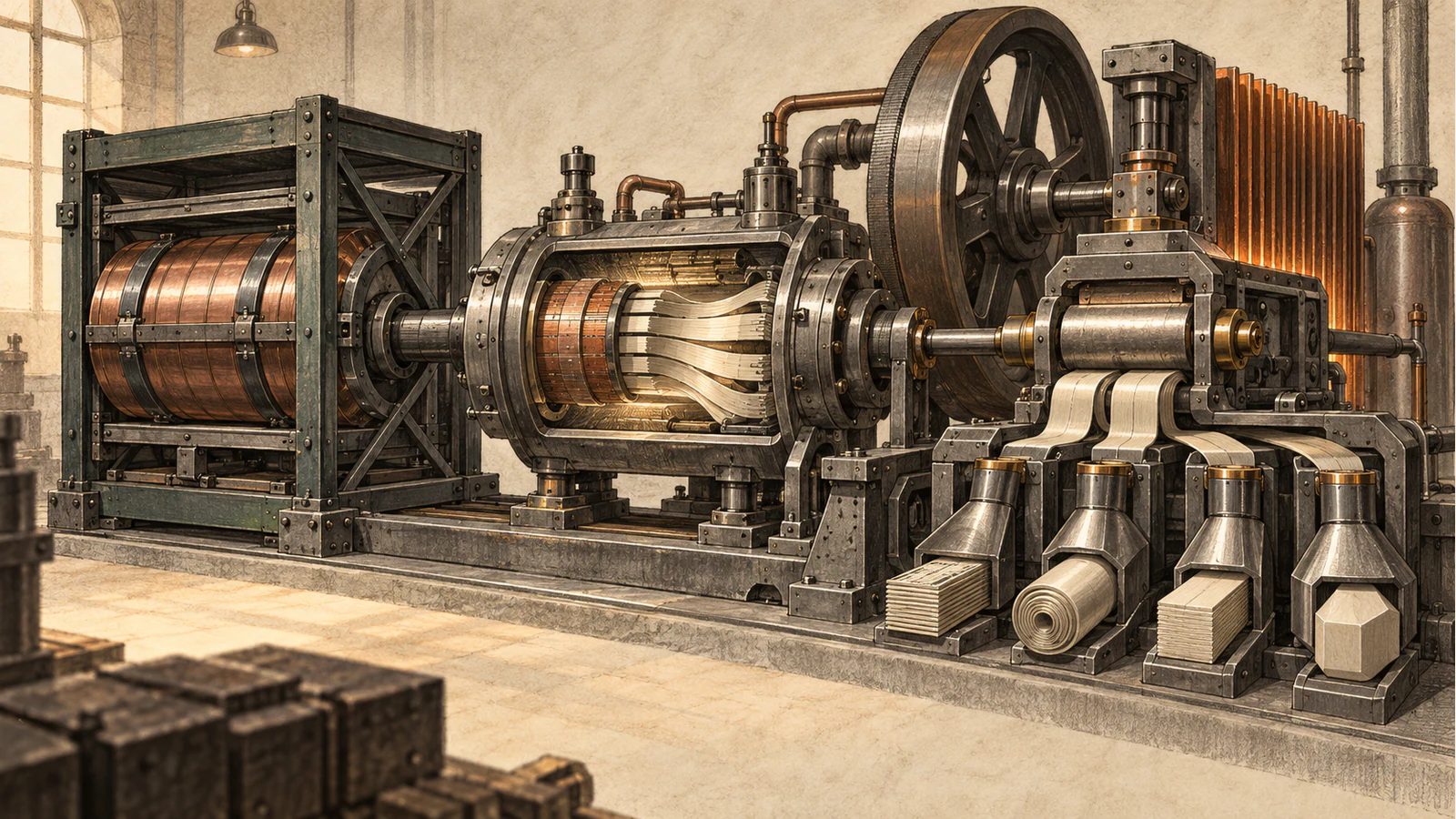 A compressed archive cylinder feeds a heavy two-stage transcoding machine and several delivery fittings.