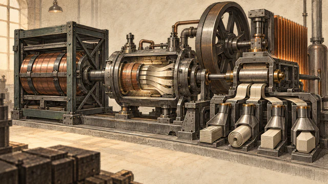 A compressed archive cylinder feeds a heavy two-stage transcoding machine and several delivery fittings.