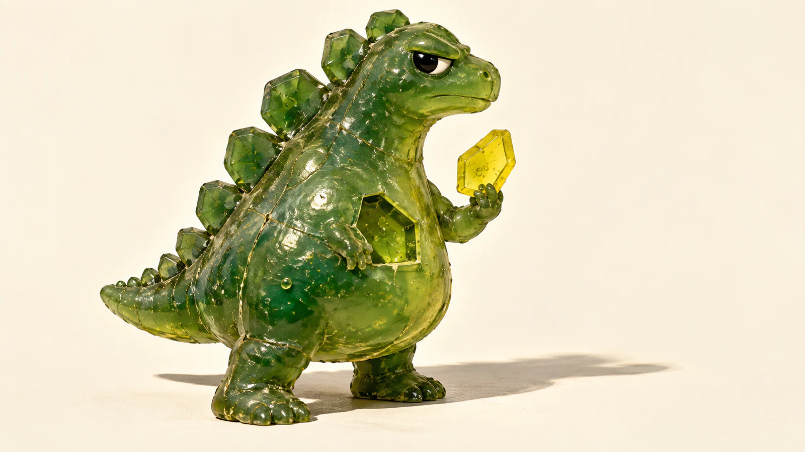 A skeptical translucent green resin dinosaur holds a yellow polygonal scale beside an empty socket in its belly. Bubbles, scuffs and construction seams catch hard light, casting a shadow across an ivory background.