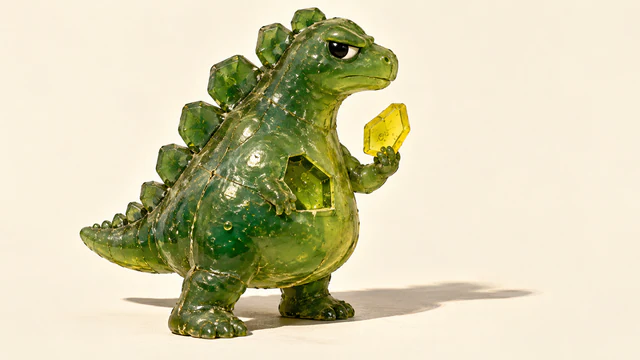 A skeptical translucent green resin dinosaur holds a yellow polygonal scale beside an empty socket in its belly. Bubbles, scuffs and construction seams catch hard light, casting a shadow across an ivory background.