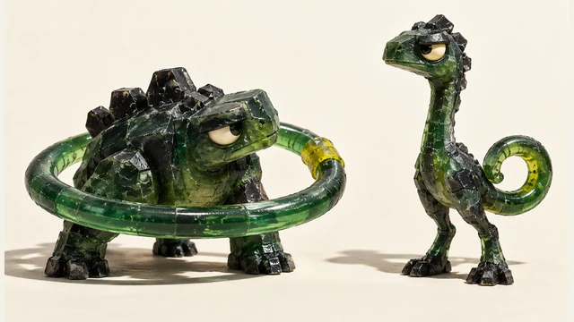 Two skeptical green resin dinosaurs on an ivory background: a squat dinosaur encircled by a broad loop with a yellow coupling, and a tall dinosaur with a tightly curled tail. Rough scales, resin bubbles and hard shadows emphasize handmade construction.