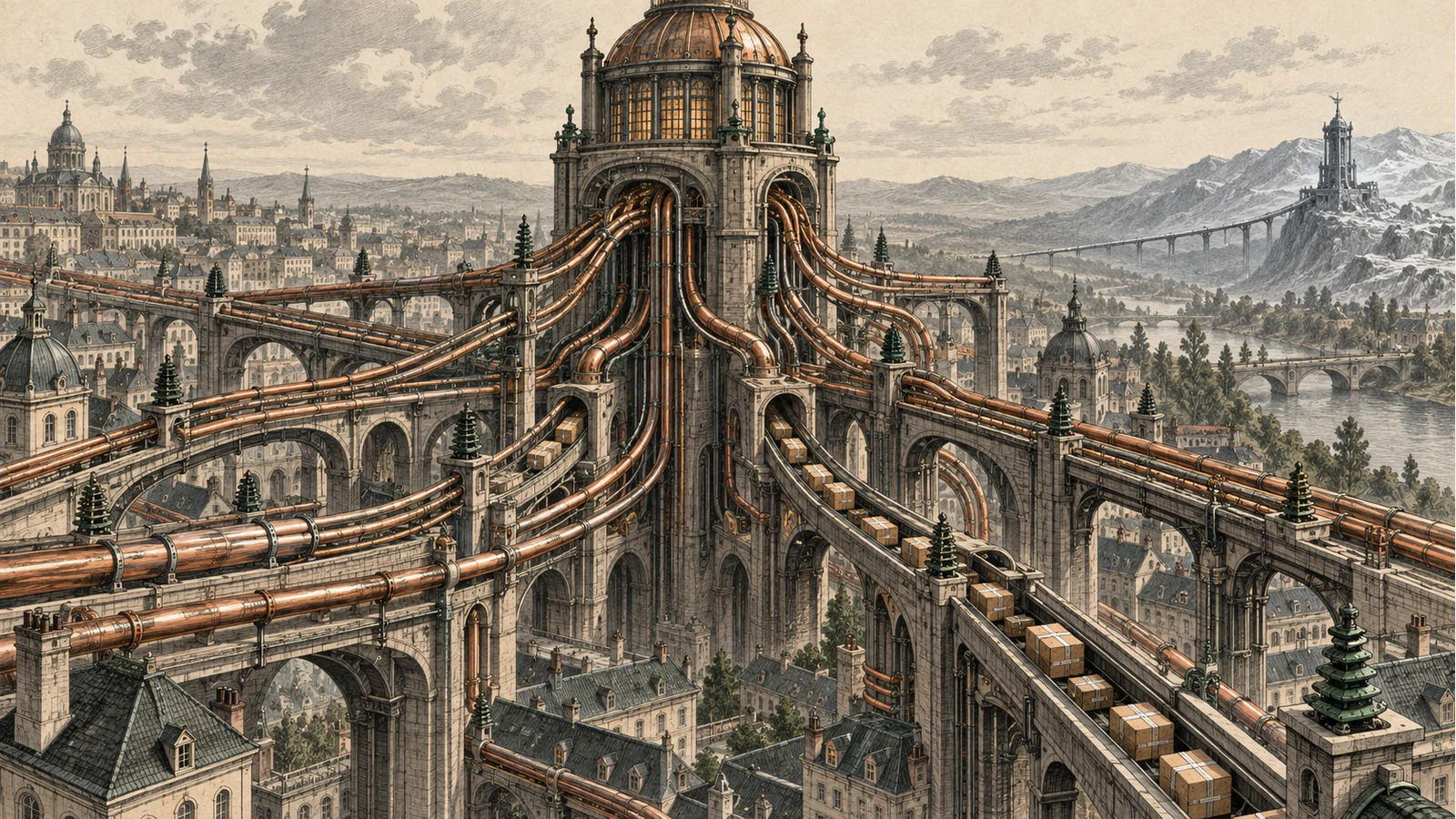 Copper routes from a broad European-style city converge through one monumental switching tower while a narrow alternate bridge crosses the distant valley.