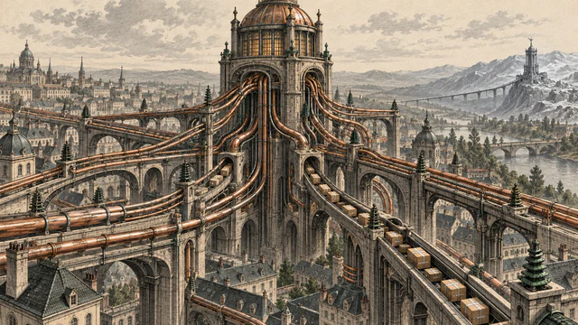 Copper routes from a broad European-style city converge through one monumental switching tower while a narrow alternate bridge crosses the distant valley.