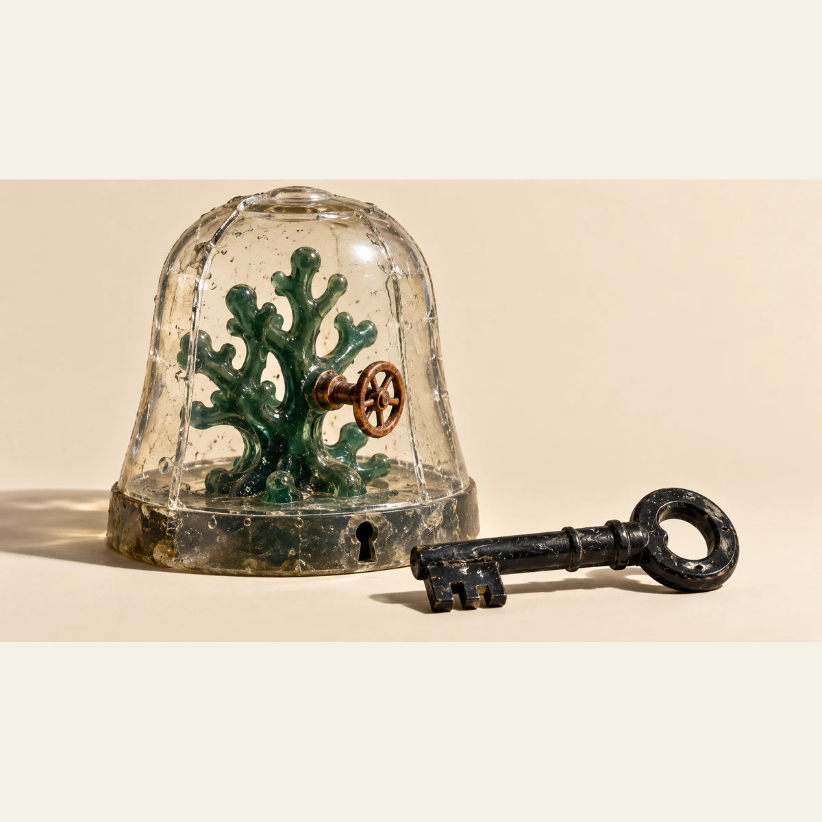 A green coral-like form with a copper-colored valve wheel sits inside a bubbled clear enclosure. A large black key lies outside beside the enclosure’s keyhole, on a warm ivory surface.