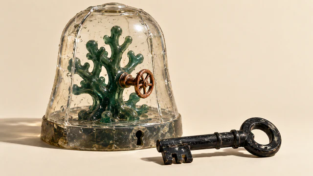 A green coral-like form with a copper-colored valve wheel sits inside a bubbled clear enclosure. A large black key lies outside beside the enclosure’s keyhole, on a warm ivory surface.