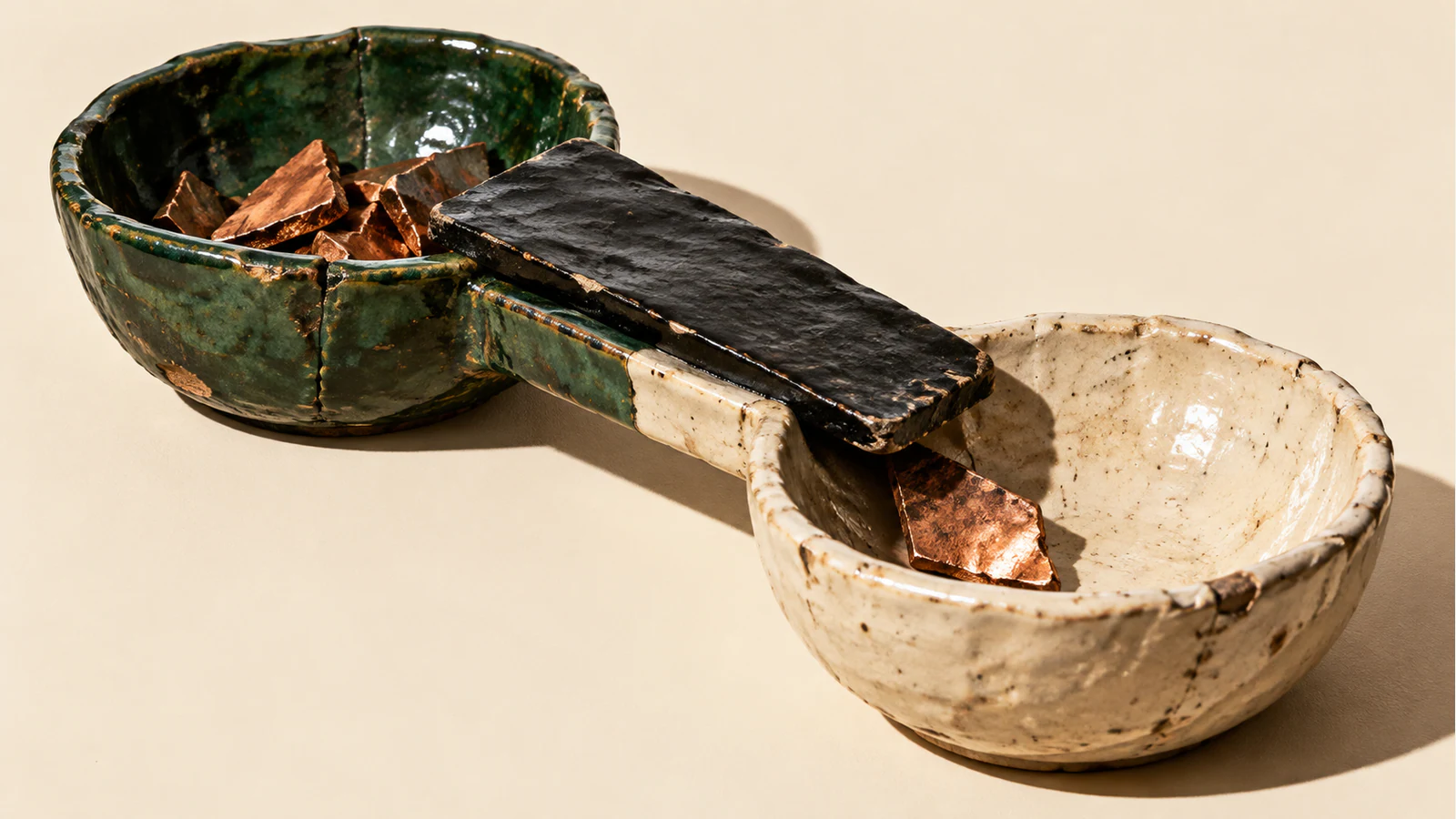 Two rough ceramic bowls, forest-green and ivory, share a short channel covered by a black slab. Copper-colored shards fill the green bowl, with one matching shard in the ivory bowl. Hard shadows fall across a warm ivory surface.