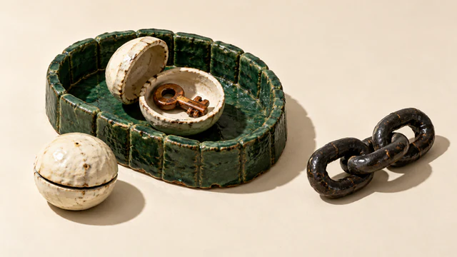 A copper-colored key rests in an open ivory ceramic capsule inside a green circular wall. A closed ivory capsule sits outside, with three linked black ceramic rings beside the wall. Hard shadows cross the warm ivory background.