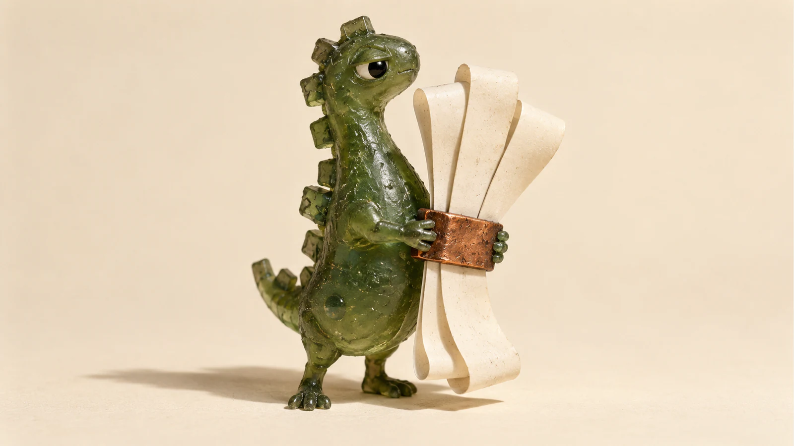 A skeptical translucent green resin dinosaur holds three curled blank ivory slips together with a copper-colored clasp, casting a long shadow across a warm ivory background.