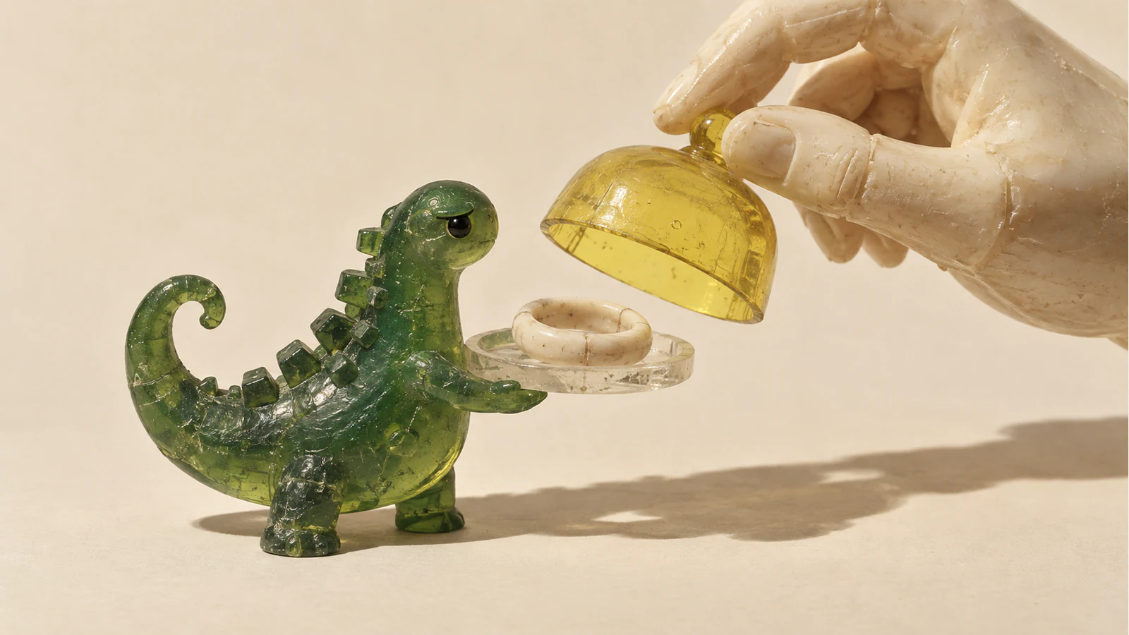 A translucent green resin dinosaur presents a clear tray holding a visibly seamed ivory ring. An oversized ivory hand lifts a yellow dome above it, casting hard shadows across a warm cream background.
