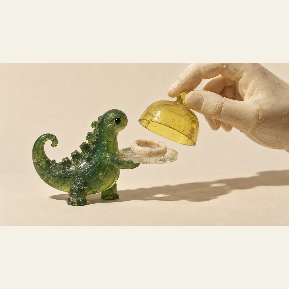 A translucent green resin dinosaur presents a clear tray holding a visibly seamed ivory ring. An oversized ivory hand lifts a yellow dome above it, casting hard shadows across a warm cream background.