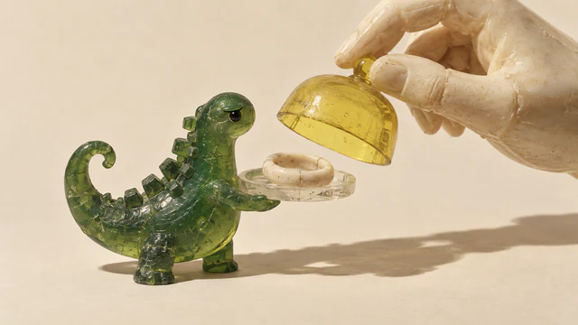 A translucent green resin dinosaur presents a clear tray holding a visibly seamed ivory ring. An oversized ivory hand lifts a yellow dome above it, casting hard shadows across a warm cream background.