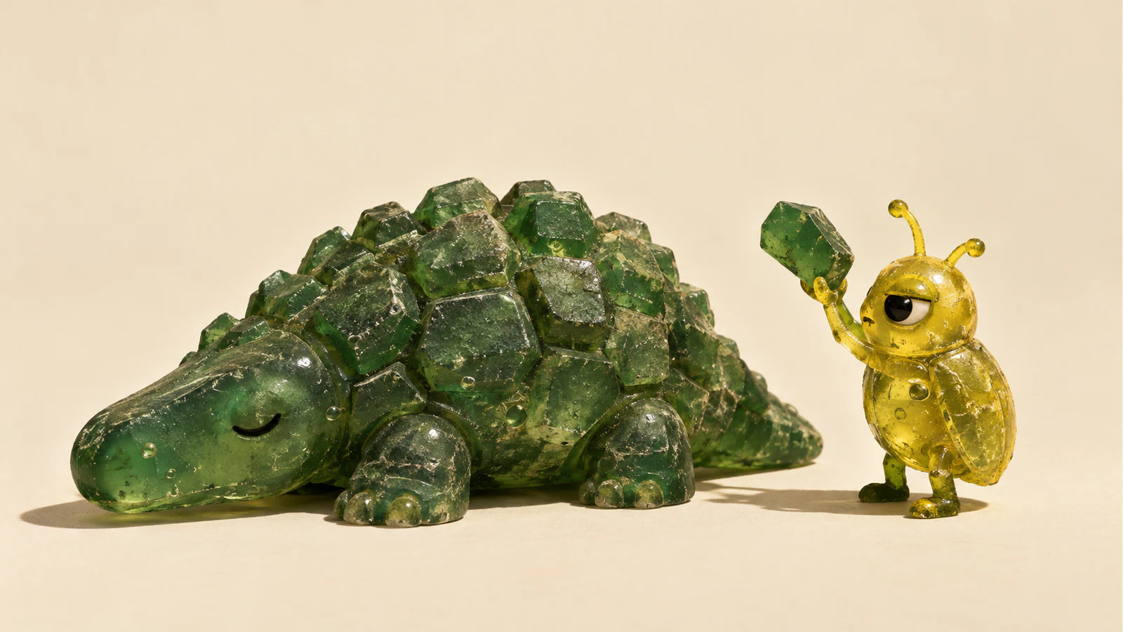 A sleeping green resin dinosaur with chunky scales rests beside an alert yellow beetle holding a matching green scale. Scuffs, bubbles and hard shadows texture the ivory scene.