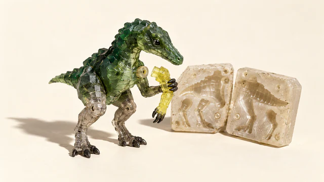 A translucent green resin dinosaur examines a detached yellow arm beside an open casting mold. Visible joints, bubbles and scuffs catch hard light against an ivory background.