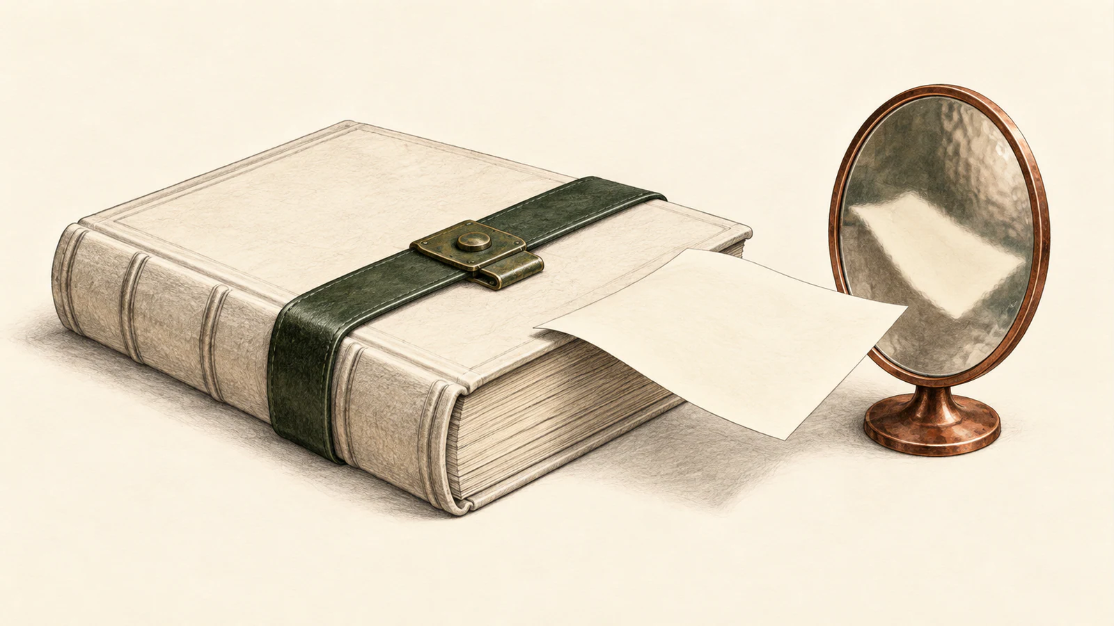 Graphite illustration of a closed ivory book secured by a forest-green strap and brass clasp. A blank loose sheet overlaps its edge beside a copper-framed mirror showing a blurred reflection, on warm ivory paper.
