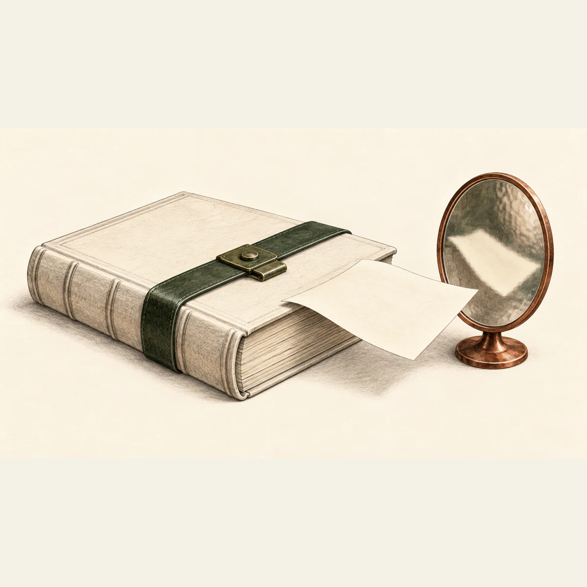 Graphite illustration of a closed ivory book secured by a forest-green strap and brass clasp. A blank loose sheet overlaps its edge beside a copper-framed mirror showing a blurred reflection, on warm ivory paper.