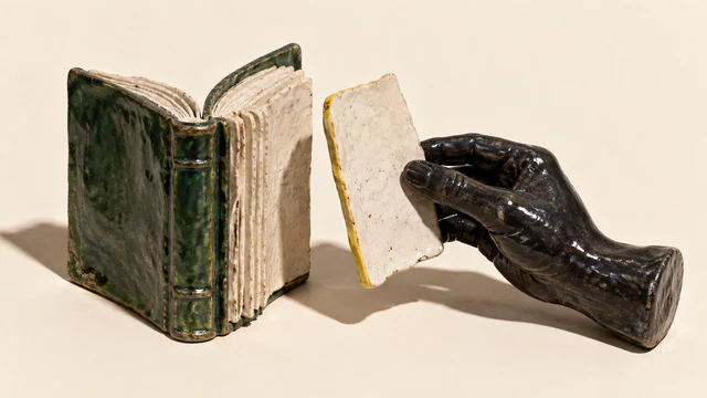 A black ceramic hand holds a blank, yellow-edged ceramic page apart from a green ceramic book, casting hard shadows across a warm ivory background.