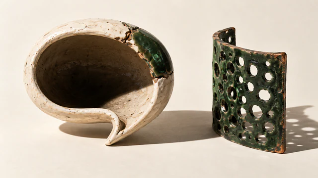 An ivory ceramic speech bubble with a cracked green repair stands beside a separate curved, perforated green ceramic screen. Both cast hard shadows across a warm ivory surface.