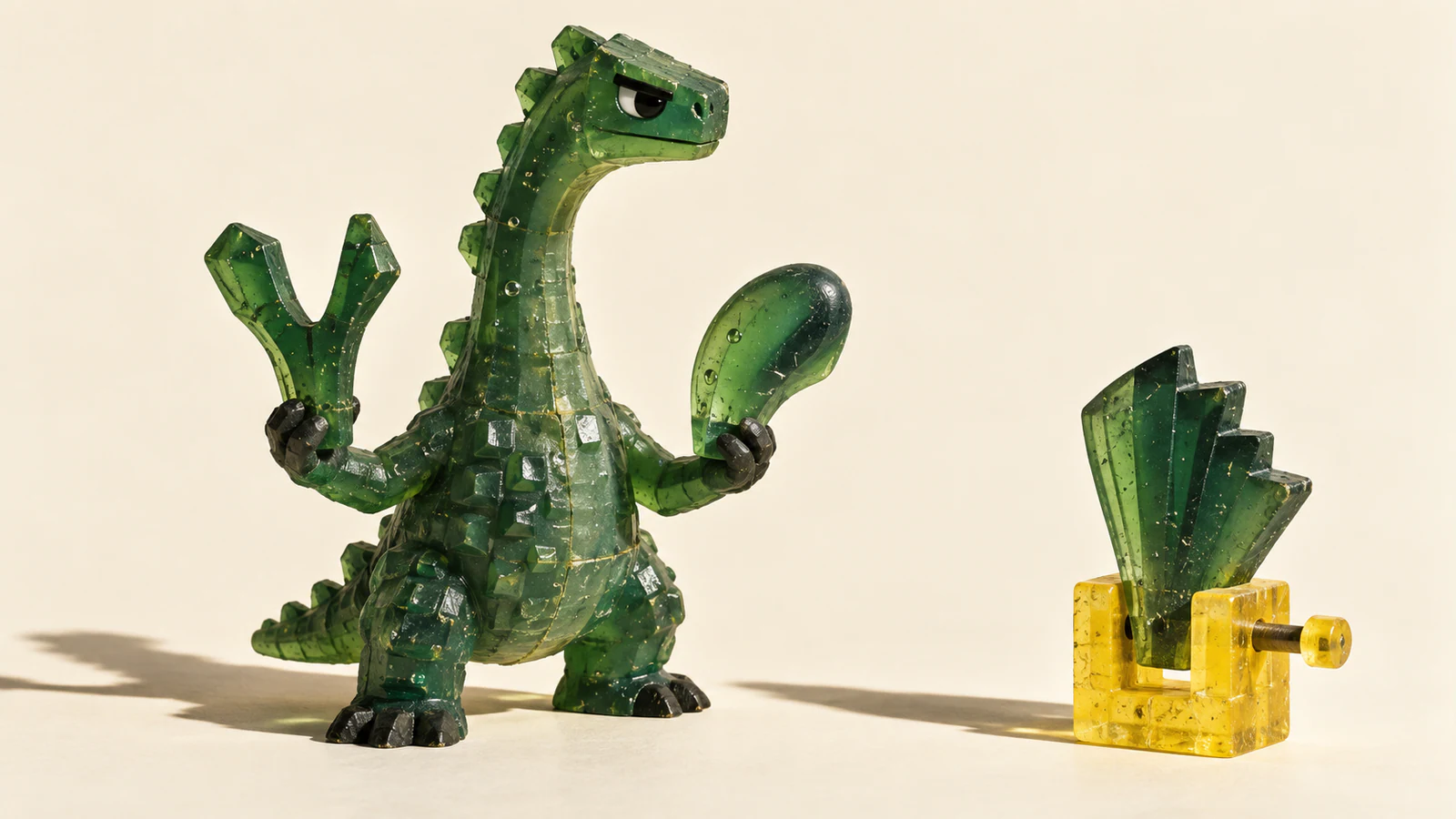 A skeptical translucent green resin dinosaur holds two differently shaped pieces beside a separate green crest secured in a yellow clamp. Bubbles, seams and hard shadows texture the warm ivory scene.