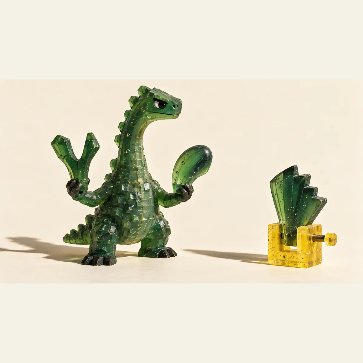 A skeptical translucent green resin dinosaur holds two differently shaped pieces beside a separate green crest secured in a yellow clamp. Bubbles, seams and hard shadows texture the warm ivory scene.