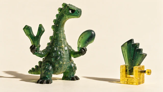 A skeptical translucent green resin dinosaur holds two differently shaped pieces beside a separate green crest secured in a yellow clamp. Bubbles, seams and hard shadows texture the warm ivory scene.